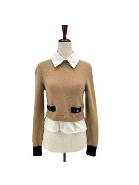 Sandro Paris Womens 4 / 1 Dale Sweater Wool Cashmere Cropped Collared Tan Black
